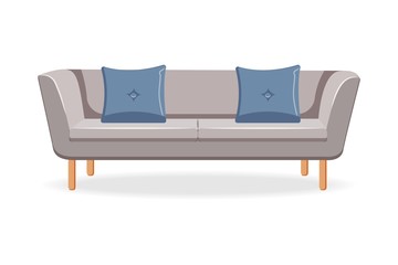 Sofa with cushions. Isolated comfortable couch seat icon. Simple style reception sofa front view. Vector interior soft furniture design, home, office or lounge decoration and comfort