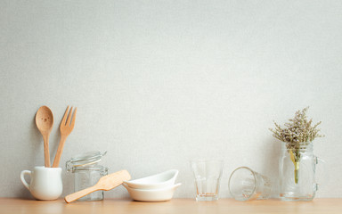 kitchenware decoration on wooden shelf with copy space