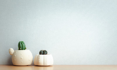 cactus pots decoration on wooden shelf with copy space