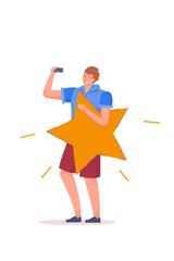 Good rating. Man holding rating star taking selfie by mobile camera standing isolated on white background. Good positive customer, subscriber or follower feedback vector illustration