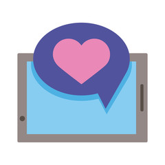 smartphone device with heart in speech bubble flat style icon