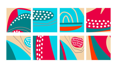 Set of fun hand drawn colorful shapes, doodle objects, lines and dots collage, modern trendy abstract pattern background for design banners. Blue red beige pastel neon colors. Vector illustrations