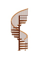 Spiral staircase. Isolated wooden staircase with railing icon. Vector interior spiral stair steps design. Architecture and climb concept