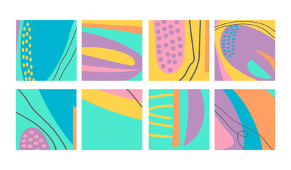 Set of fun hand drawn colorful shapes, doodle objects, lines and dots collage, modern trendy abstract pattern background for design banners. Blue green yellow pastel neon colors. Vector illustrations