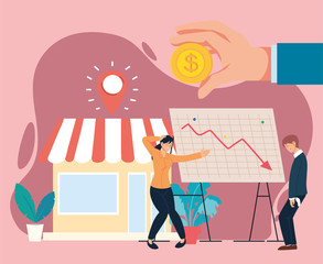 businesspeople with headache coin decrease arrow on board and store vector design