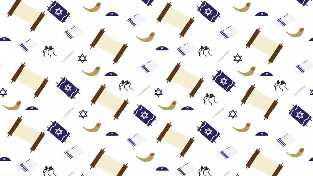 Jewish elements animated background - Torah scroll, Torah hand, Tallit, Star of David, Tefillin, and Shofar on White Background