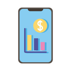 smartphone with money and statistics bars flat style icon