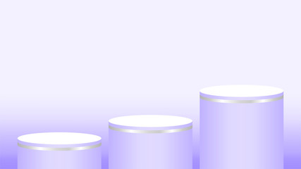 purple pedestal cylinder circle 3 steps for cosmetics showcase, podium circle stage purple pastel soft color, platform steps for advertising, podium round three layers of product display, copy space