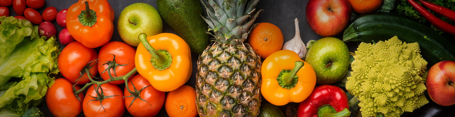 Healthy eating ingredients: fresh vegetables, fruits and superfood. Nutrition, diet, vegan food concept