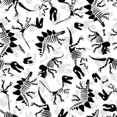 Dinosaur skeleton and fossils. Vector seamless pattern. Original design with dinosaur bones and traces. Print for T-shirts, textiles, web. © barberry