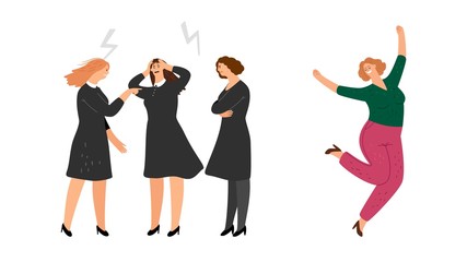 Women scandal. Happy girl run from negative people. Positive lifestyle, great mood vector illustration