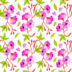 Seamless watercolor pattern of branches of apple, sakura with leaves and flowers.