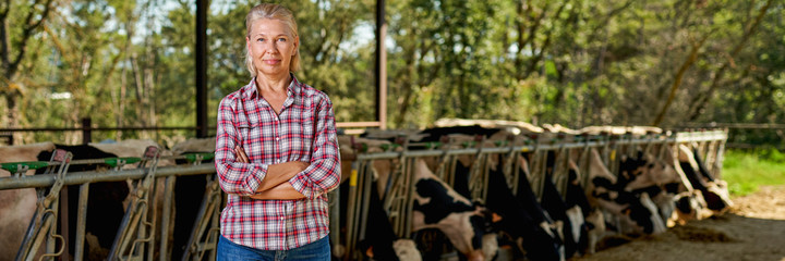 woman on rural farm with dairy cow