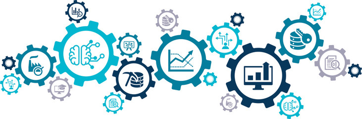 Business intelligence vector illustration. Concept with connected icons related to data mining / analysis, optimization, performance monitoring, reporting or decision-making.