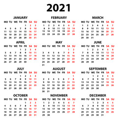 Calendar for 2021 year in English in simple style on a white background. Week starts on Monday. Vector illustration
