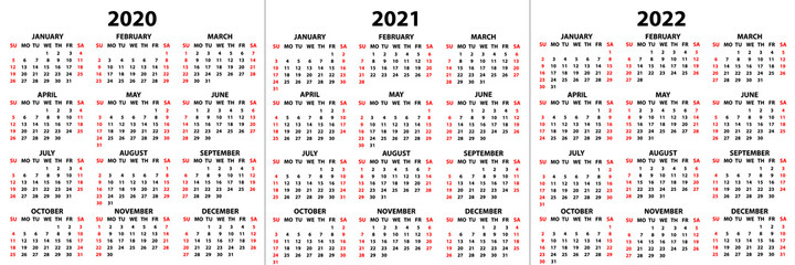 Calendar for 2020, 2021 and 2022 years in English in simple style on a white background. Week starts on Sunday. Vector illustration
