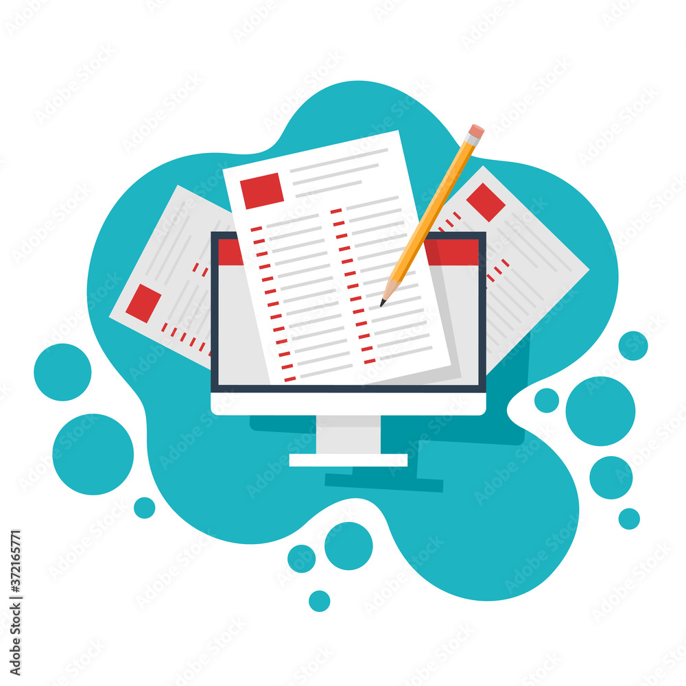 Wall mural online education and examination testing concept - computer device screen with paper exam check list