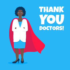 Young adult doctor hospital medical employee with hero cape behind fights against diseases and viruses on frontline flat style vector illustration. Doctor physician medical clinic staff new hero.
