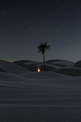3d rendering of wavy sand dunes with bonfire under the palm at night