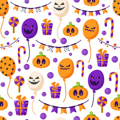 Halloween cartoon seamless pattern - scary pumpkin lantern, creepy balloons, flag garland, gift box, candy cane and lollipop, traditional holiday symbols - vector seamless background for textile
