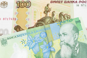 A macro image of a Russian one hundred ruble note paired up with a green, plastic one leu bank note from Romania.  Shot close up in macro.