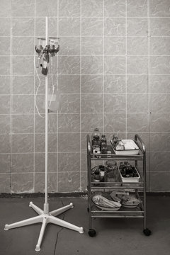 Blood Transfusion Machine And Medication Table In The Old Hospital 