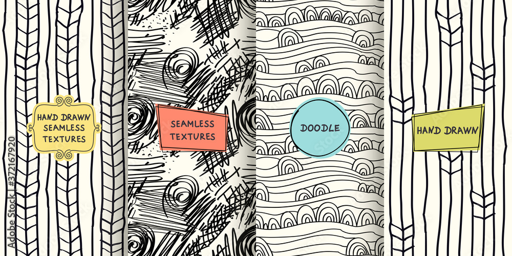 Poster set of seamless hand drawn texture designs for backgrounds, business cards, web design. doodle patte