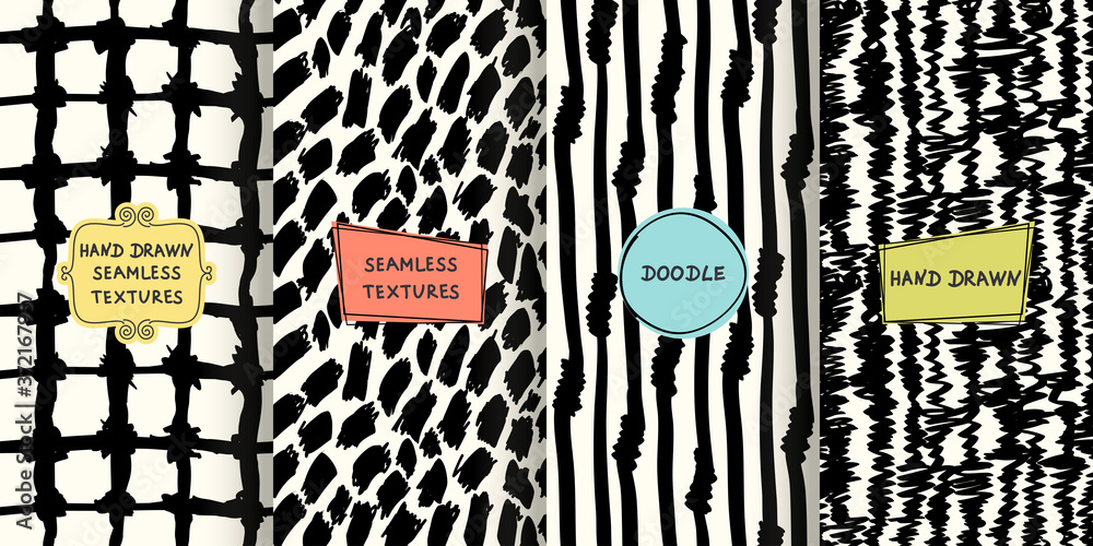 Poster set of seamless hand drawn texture designs for backgrounds, business cards, web design. doodle patte