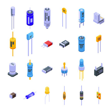 Capacitor icons set. Isometric set of capacitor vector icons for web design isolated on white background