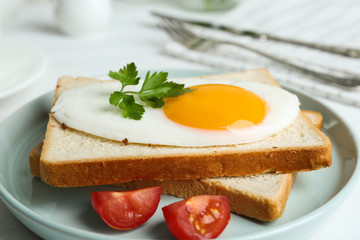 Tasty fried egg with bread and tomato on plate, closeup