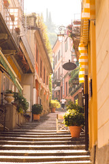 Sunrise on Old Picturesque Street in Bellagio City. Lombardy. Italy.