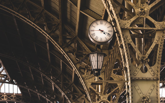 Exterior of the Vitebsky railway station. Saint Petersburg, Russia. Architectural elements, vintage lantern and clock close-up. Travel destinations, landmarks, sightseeing, Russian culture, history