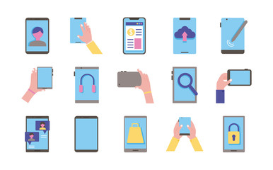 bundle of fifteen smartphones devices set icons