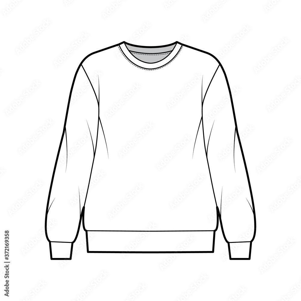 Canvas Prints Cotton-terry oversized sweatshirt technical fashion illustration with relaxed fit, crew neckline, long sleeves. Flat outwear jumper apparel template front, white color. Women, men, unisex top CAD