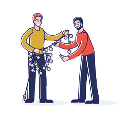 Two men holding christmas garland, tangled light bulbs for house interior and exterior decoration