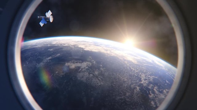 Breathtaking View of the Planet Earth as Seen from the International Space Station Porthole. Rising Sun Illuminates Our Blue Planet and Satellite Flying by. Scientifically Accurate 3D VFX Rendering