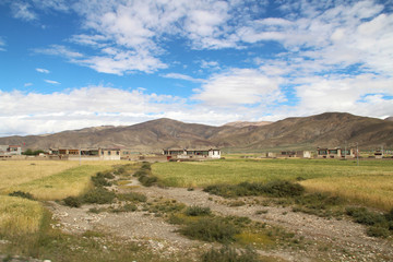 Fototapeta na wymiar Tibetan Village and the highland barley field in a sunny day, Tibet, China 
