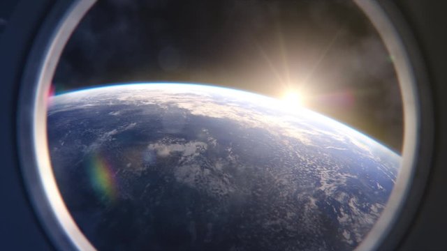 Breathtaking View of the Planet Earth from International Space Station Porthole. Rising Sun Illuminates Our Blue Planet's Clouds, Oceans and Peaceful Cities. Scientifically Accurate 3D VFX Rendering