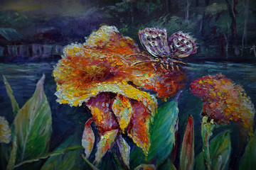 Art painting Oil color   abstract   flower and leaf    Countryside  background from thailand