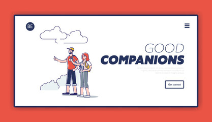 Hitchhikers on road landing page with young couple with backpacks stand on road and hitchhiking