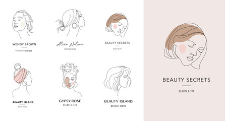 Vector logo and branding design templates in minimal style, for beauty center, fashion studio, haircut salon and cosmetics - female portrait, beautiful woman's face 