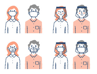 マスク・マウスシールド・フェースシールドをつけている男女