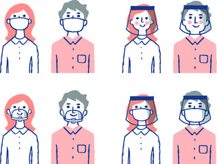 マスク・マウスシールド・フェースシールドをつけている男女