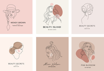 Vector logo and branding design templates in minimal style, for beauty center, fashion studio, haircut salon and cosmetics - female portrait, beautiful woman's face 
