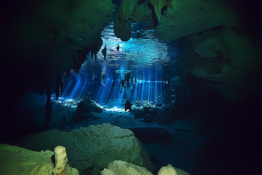 underwater landscape mexico, cenotes diving rays of light under water, cave diving background