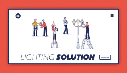 Lightning solution landing page design with people changing and replacing light bulbs