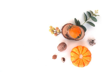 stylish pumpkins on white background