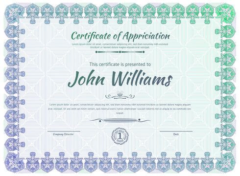 Official blue guilloche border for certificate. Vector illustration. Gradient blue green frame.