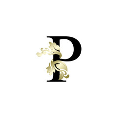 initial letter P luxury overlapping ornament gold color