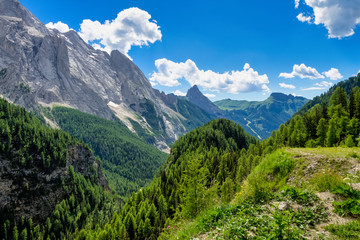 Alpine landscape in the Dolomites, Italy. Glacier Marmolada and Fedaia pass